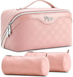 BOYATU Travel Makeup Bag Organizer Cosmetic Bag: 3 Pcs Set Make up Bags for Women with Handle - Waterproof Vegan Leather Toiletry Bags Travel Essentials Pouch with Compartments (A-04-Red)