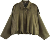 Xunger Women's Faux Suede Bomber Jacket Spring Lapel Pilot Coat Casual Oversized Long Sleeves Trendy Streetwear Outerwear