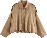 Xunger Women's Faux Suede Bomber Jacket Spring Lapel Pilot Coat Casual Oversized Long Sleeves Trendy Streetwear Outerwear