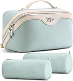 BOYATU Travel Makeup Bag Organizer Cosmetic Bag: 3 Pcs Set Make up Bags for Women with Handle - Waterproof Vegan Leather Toiletry Bags Travel Essentials Pouch with Compartments (A-04-Red)