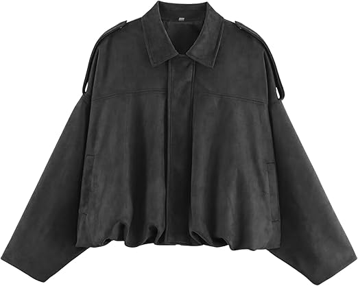 Xunger Women's Faux Suede Bomber Jacket Spring Lapel Pilot Coat Casual Oversized Long Sleeves Trendy Streetwear Outerwear