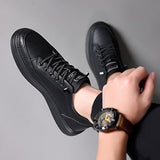 Men's Leather Fashion Sneakers Simple Handmade Vintage Low Top Round-Toe Elastic Lace Up Slip on Casual Shoes Comfortable Non Slip Classic Tennis Shoes