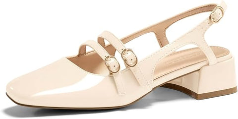 Coutgo Women's Mary Jane Chunky Low Heels Slingback Pumps Closed Square Toe Wedding Dress Shoes