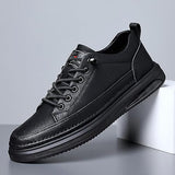 Men's Leather Fashion Sneakers Simple Handmade Vintage Low Top Round-Toe Elastic Lace Up Slip on Casual Shoes Comfortable Non Slip Classic Tennis Shoes