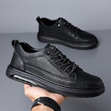Men's Leather Fashion Sneakers Simple Handmade Vintage Low Top Round-Toe Elastic Lace Up Slip on Casual Shoes Comfortable Non Slip Classic Tennis Shoes