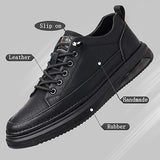 Men's Leather Fashion Sneakers Simple Handmade Vintage Low Top Round-Toe Elastic Lace Up Slip on Casual Shoes Comfortable Non Slip Classic Tennis Shoes