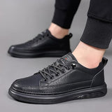 Men's Leather Fashion Sneakers Simple Handmade Vintage Low Top Round-Toe Elastic Lace Up Slip on Casual Shoes Comfortable Non Slip Classic Tennis Shoes