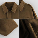 Xunger Women's Faux Suede Bomber Jacket Spring Lapel Pilot Coat Casual Oversized Long Sleeves Trendy Streetwear Outerwear