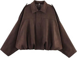 Xunger Women's Faux Suede Bomber Jacket Spring Lapel Pilot Coat Casual Oversized Long Sleeves Trendy Streetwear Outerwear