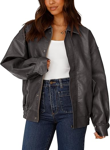 PRETTYGARDEN Women's Faux Leather Motorcycle Jacket Trendy Fall Spring Clothes Oversized Zip Up Winter Coat Outerwear