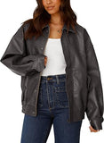 PRETTYGARDEN Women's Faux Leather Motorcycle Jacket Trendy Fall Spring Clothes Oversized Zip Up Winter Coat Outerwear