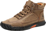 CrazySavage Mens Casual Leather Orthopedic Handmade Boots Fashion Mid Top Walking Driving Shoes Waterproof Arch Support Spacious Toe Box Outdoor Non-Slip Trekking Boot