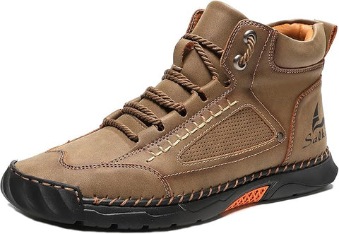 CrazySavage Mens Casual Leather Orthopedic Handmade Boots Fashion Mid Top Walking Driving Shoes Waterproof Arch Support Spacious Toe Box Outdoor Non-Slip Trekking Boot