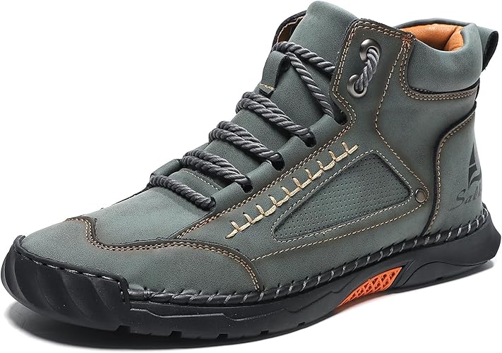 CrazySavage Mens Casual Leather Orthopedic Handmade Boots Fashion Mid Top Walking Driving Shoes Waterproof Arch Support Spacious Toe Box Outdoor Non-Slip Trekking Boot