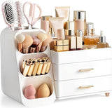 HBlife Makeup Organizer with Brush Holder for Vanity, Large Plastic Bathroom Countertop Organizer Skin Care Storage, Easy to Store Lipsticks, Nail Polishes, Perfumes, Eyeshadow Palettes, Pink