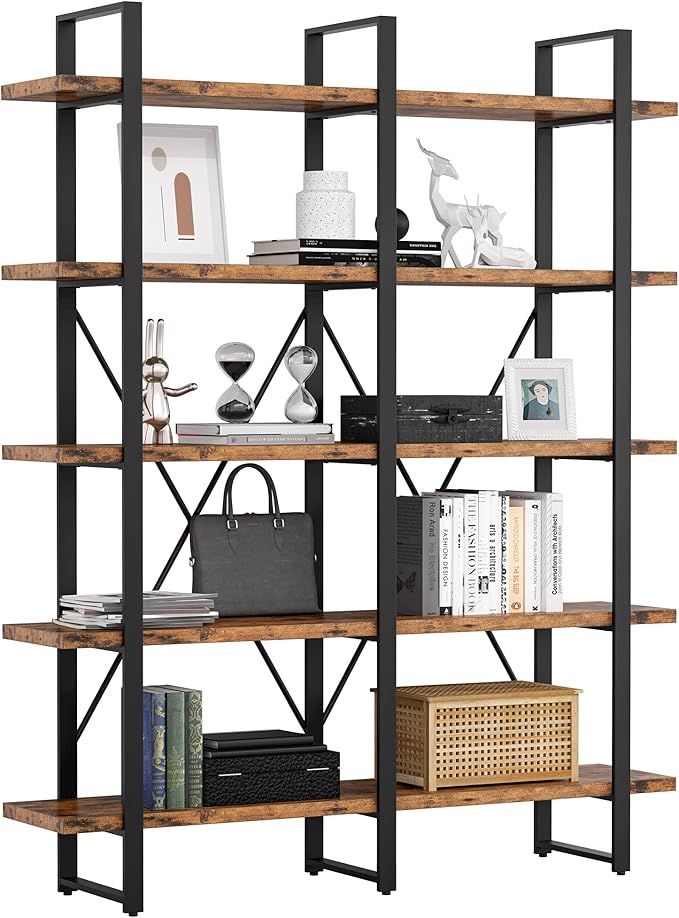 IRONCK Bookshelf, Double Wide 5-Tier Open Bookcase Vintage Industrial Large Shelves, Wood and Metal Etagere Bookshelves, for Home Decor Display, Office Furniture, 13D x 53.1W x 70H in