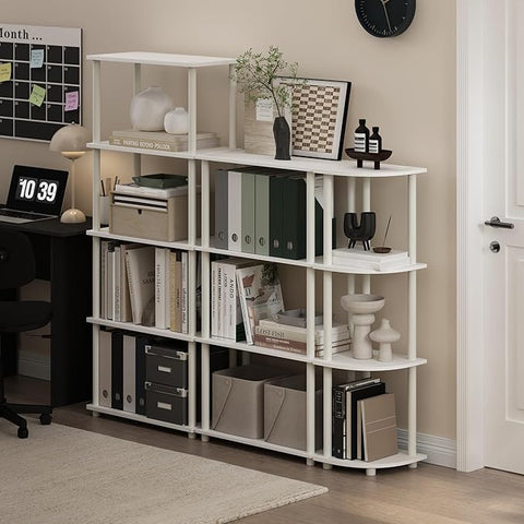 Furinno Turn-N-Tube Toolless Assembly 5-Tier Storage Shelves, White Book Shelf, Open Storage Bookshelf, for Organization and Storage, Living Room, Home Office, Bedroom, Plain White