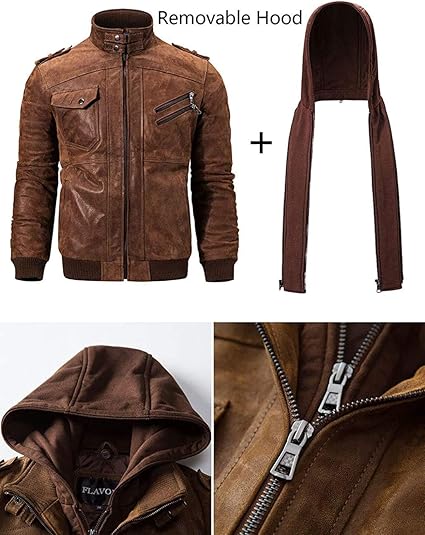 FLAVOR Men Brown Leather Motorcycle Jacket with Removable Hood