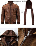 FLAVOR Men Brown Leather Motorcycle Jacket with Removable Hood