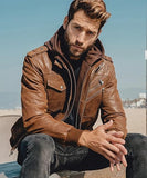 FLAVOR Men Brown Leather Motorcycle Jacket with Removable Hood