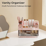 UFORU Makeup Organizer for Vanity with 2 Large Drawers, Cosmetic Display Case with Brush Holders, Easy to Storage for Bathroom Countertop Skincare, Perfume, White