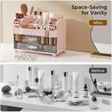 UFORU Makeup Organizer for Vanity with 2 Large Drawers, Cosmetic Display Case with Brush Holders, Easy to Storage for Bathroom Countertop Skincare, Perfume, White