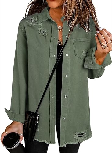 Dokotoo Women's Oversized Denim Jacket Casual Long Sleeve Denim Shirts Distresse Jean Jacket