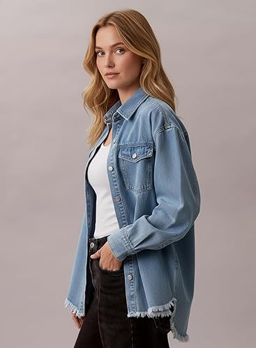 Dokotoo Women's Oversized Denim Jacket Casual Long Sleeve Denim Shirts Distresse Jean Jacket