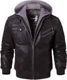 FLAVOR Men Brown Leather Motorcycle Jacket with Removable Hood