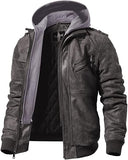 FLAVOR Men Brown Leather Motorcycle Jacket with Removable Hood