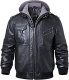FLAVOR Men Brown Leather Motorcycle Jacket with Removable Hood