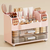 UFORU Makeup Organizer for Vanity with 2 Large Drawers, Cosmetic Display Case with Brush Holders, Easy to Storage for Bathroom Countertop Skincare, Perfume, White