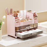 UFORU Makeup Organizer for Vanity with 2 Large Drawers, Cosmetic Display Case with Brush Holders, Easy to Storage for Bathroom Countertop Skincare, Perfume, White