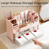 UFORU Makeup Organizer for Vanity with 2 Large Drawers, Cosmetic Display Case with Brush Holders, Easy to Storage for Bathroom Countertop Skincare, Perfume, White