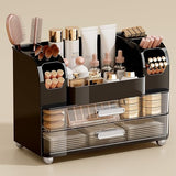 UFORU Makeup Organizer for Vanity with 2 Large Drawers, Cosmetic Display Case with Brush Holders, Easy to Storage for Bathroom Countertop Skincare, Perfume, White