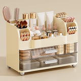 UFORU Makeup Organizer for Vanity with 2 Large Drawers, Cosmetic Display Case with Brush Holders, Easy to Storage for Bathroom Countertop Skincare, Perfume, White