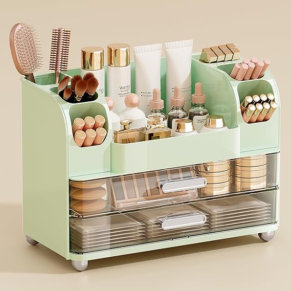 UFORU Makeup Organizer for Vanity with 2 Large Drawers, Cosmetic Display Case with Brush Holders, Easy to Storage for Bathroom Countertop Skincare, Perfume, White