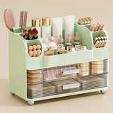 UFORU Makeup Organizer for Vanity with 2 Large Drawers, Cosmetic Display Case with Brush Holders, Easy to Storage for Bathroom Countertop Skincare, Perfume, White
